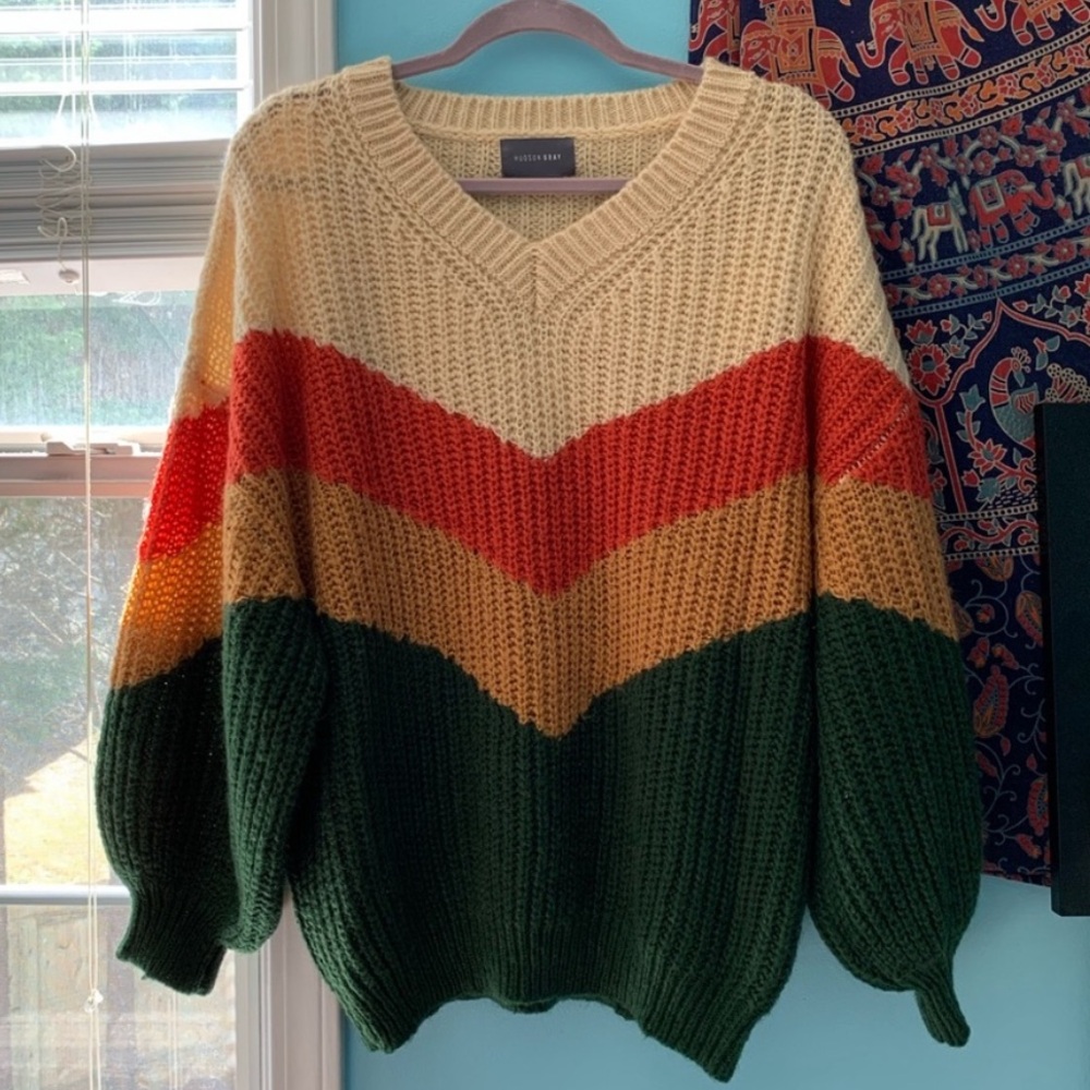 Hudson Gray green ecru color block chunky knit v-neck balloon sleeve sweater